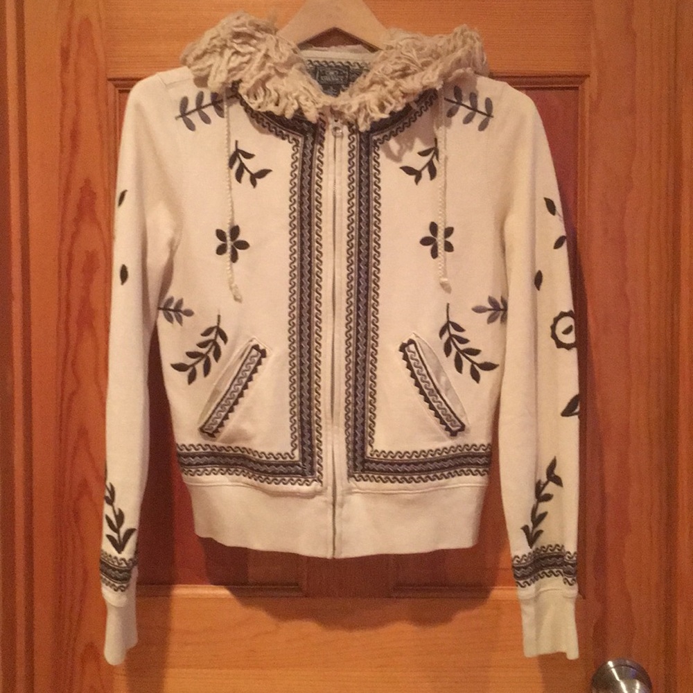 Faux fur trimmed hooded zip up sweatshirt